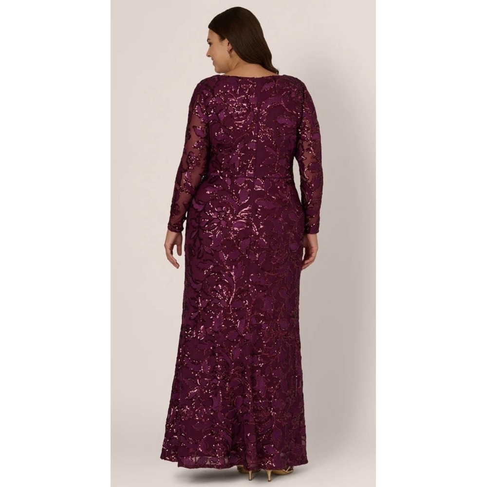 Adrianna Papell Plus Size Long Sleeve Stretch Sequin Mermaid Gown In Cassis - Picture 12 of 14